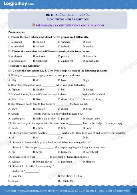 Đề thi giữa kì 1 Tiếng Anh 7 Right on! - Đề số 3